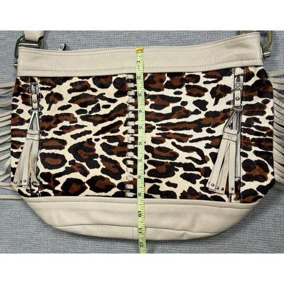 B. Makowsky Calf Hair Leather Leopard Print Handbag With Tassels Fringe Purse - Picture 8 of 10